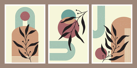 Collection of contemporary art posters in pastel colors. Abstract paper cut geometric elements and strokes, leaves and dots. Great design for social media, postcards, print.