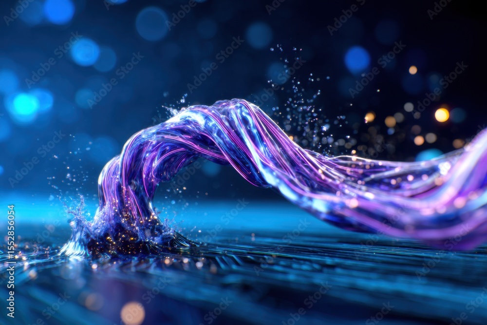 Poster a dynamic, colorful abstract wave of light and particles flows against a vibrant blue background, cr