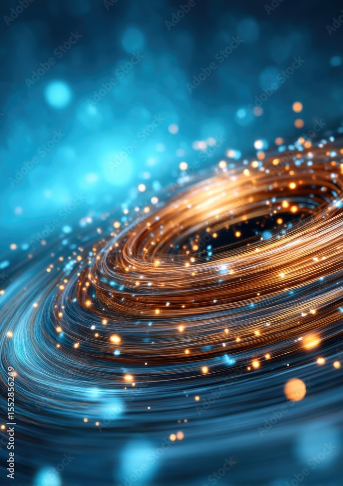 Poster a dynamic swirl of glowing, golden light particles against a blue bokeh background, creating a futur