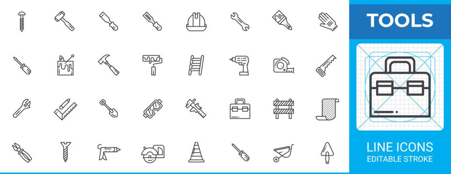 Construction tools line icon set