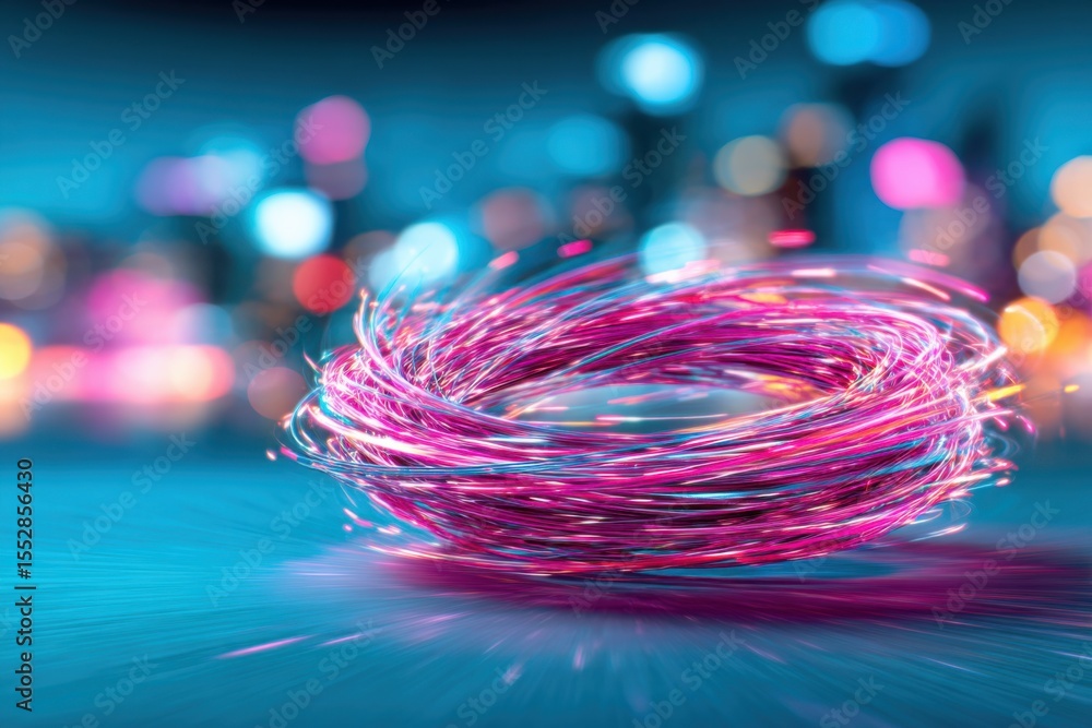 Poster a vibrant coil of multicolored light strands glows against a blurred, colorful background, creating 