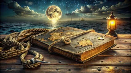 An ancient weathered book bound in rope, rests on a wooden surface near a glowing lantern, under a large moon, overlooking a calm ocean, hinting at untold adventures and forgotten lore.