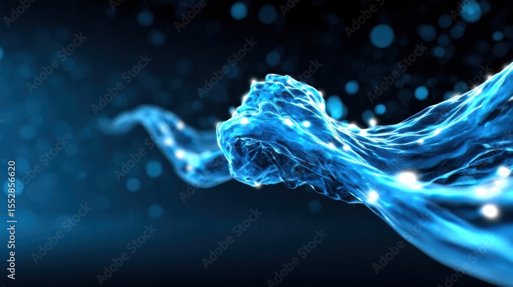 Poster a close-up digital rendering of a dynamic, flowing water stream against a dark background with glowi