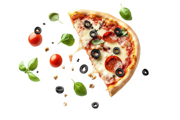 Flying pizza slice with vibrant toppings of pepperoni, olives, and fresh herbs soaring against a clean background