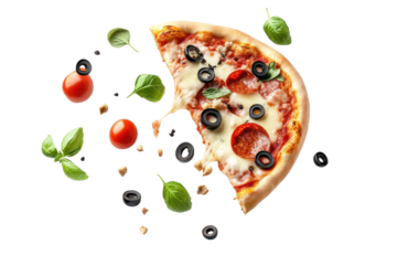 Flying pizza slice with vibrant toppings of pepperoni, olives, and fresh herbs soaring against a clean background