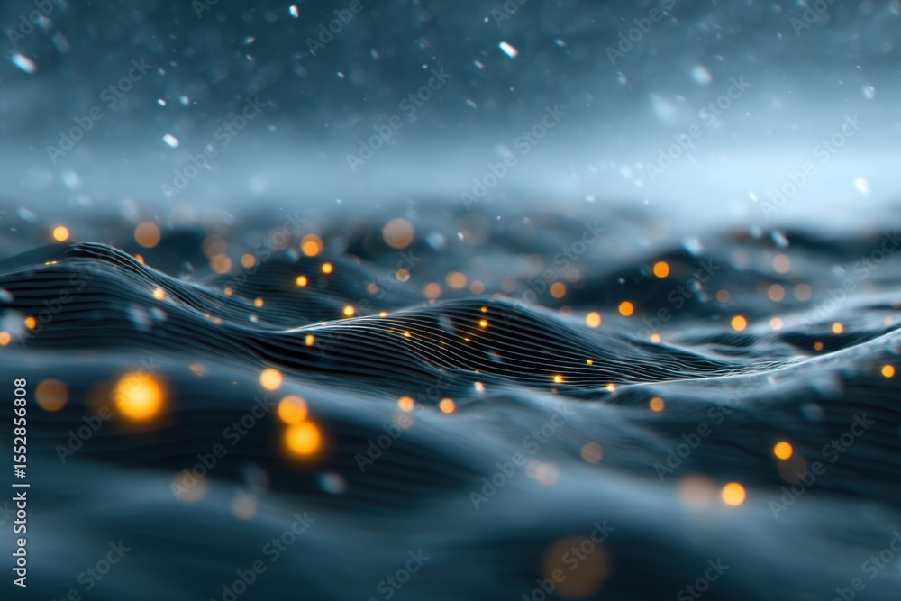 Poster a futuristic digital landscape with flowing wave-like lines and glowing orange particles floating in