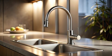 Modern kitchen design featuring a sleek, brushed stainless steel faucet installed in a double basin sink