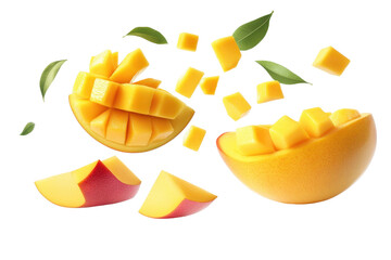 Fototapeta premium Flying mango fruit and half slices isolated against a white background create a dynamic and fresh-looking display suitable for culinary or health-related themes