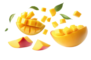 Flying mango fruit and half slices isolated against a white background create a dynamic and fresh-looking display suitable for culinary or health-related themes