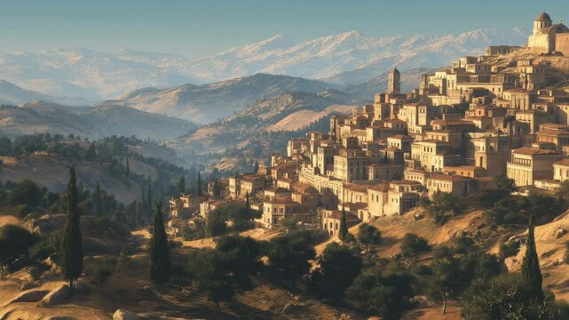 Photorealistic depiction of ancient cities on a hillside, bathed in warm sunlight, evoking a sense of tranquility and history, reminiscent of biblical Levite cities.