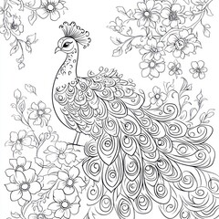 Fototapeta premium Ornate peacock design, floral background, coloring book, art, black and white