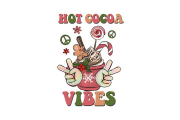 Hot Cocoa Vibes – Retro Holiday Drink with Peace Hand Signs Clipart Sublimation Design, isolated on transparent background