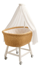 Obraz premium Bassinet with a canopy and wheels, suitable for a newborn's room in a small dwelling.