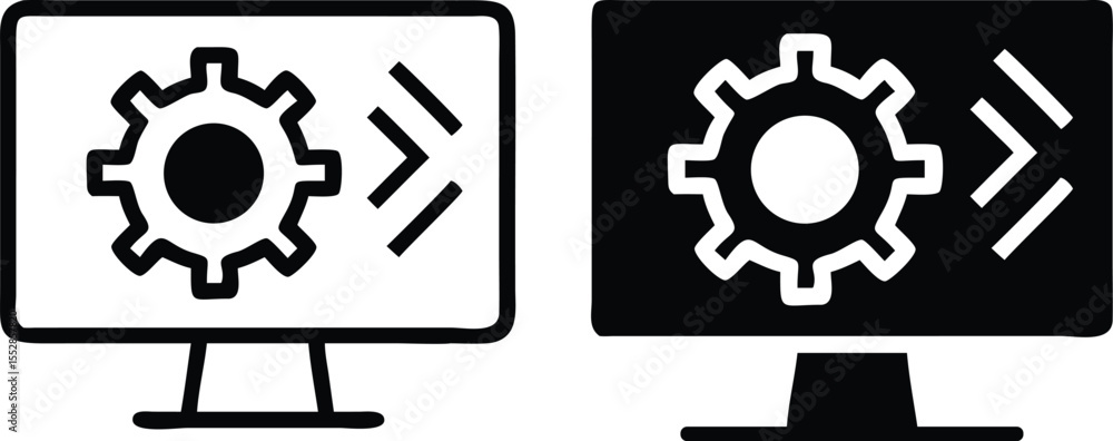 Poster Minimalist Coding Icon – Line Art Computer Monitor with Gear and Code Vector Illustration