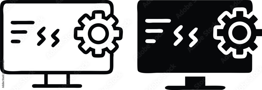 Poster Minimalist Coding Icon – Line Art Computer Monitor with Gear and Code Vector Illustration
