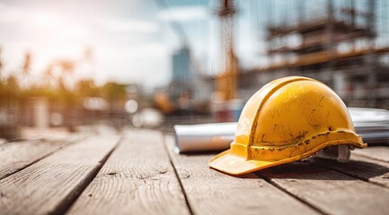 A weathered yellow hard hat rests on aged wooden planks, blueprints beside it; a sun-drenched construction site blurs in the background