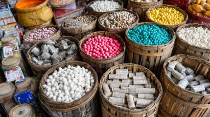 Traditional market spices and herbs in baskets with colorful soaps for local trade photography concept composition layout