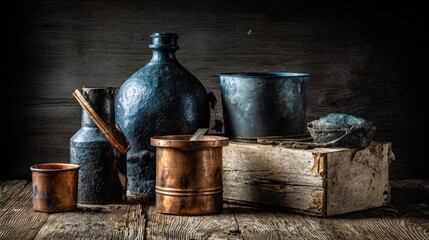 Vintage copper and ceramic jugs on dark rustic shelf for still life antique photography home decor background composition