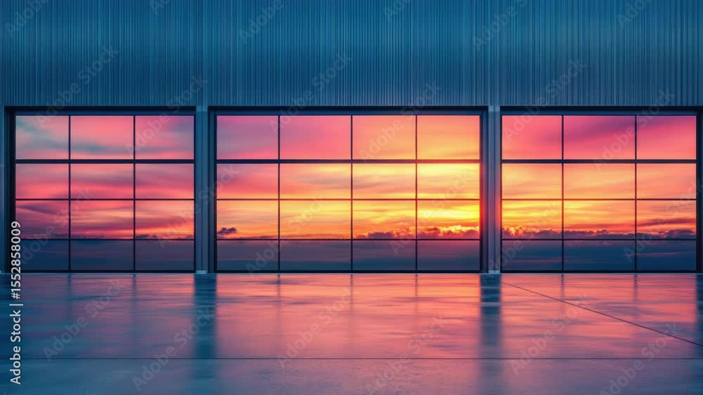 Poster A building with three large windows and a sunset in the background, perfect for use in real estate or architecture visuals