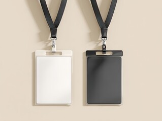 Two blank identification cards with black lanyards hang against a beige background; one white, one black