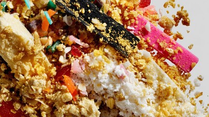 Colorful Indian street food with puffed rice and spices captured in macro overhead perspective