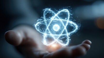 Glow of an atomic symbol in a hand during a nighttime science demonstration