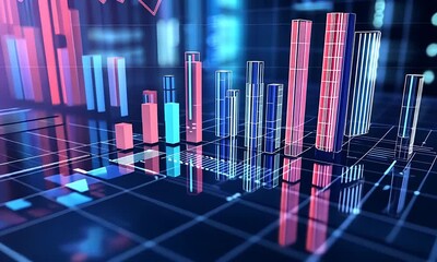 Futuristic financial data visualization with colorful graphs and charts on a digital interface - Powered by Adobe
