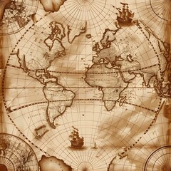 Vintage world map with ships and navigation routes illustrating exploration and maritime history in rich sepia tones for educational, historical, and geographic themes