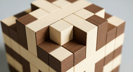 Complex Wooden Puzzle Blocks Arranged Intricately