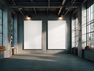 Two blank vertical posters hang in a large, industrial-style loft space with exposed concrete walls, high ceilings, large windows, and dim lighting.  Wooden crates are visible near the windows