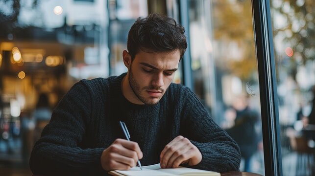 Young man sitting in a quiet café, journaling his thoughts after a mental health consultation.