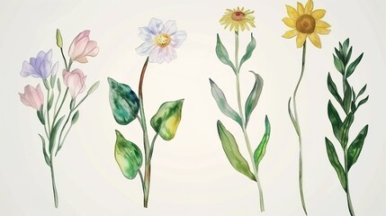 Fototapeta premium Watercolor Hand Drawn Flowers – a delicate and artistic floral illustration. The hand-drawn watercolor flowers create a soft, charming, and creative botanical scene.