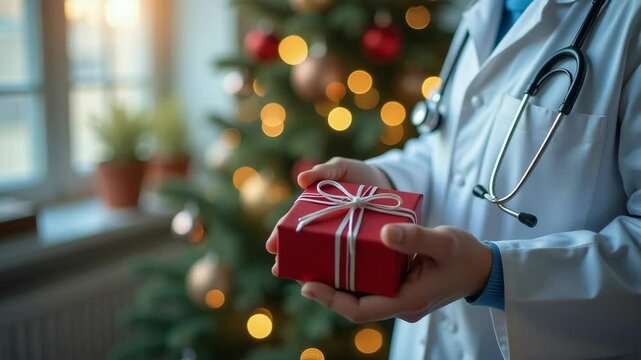 A female doctor in a white coat holds a gift box with a red bow in her hands against the background of a beautifully decorated Christmas tree. Christmas and New Year medical banner concept.