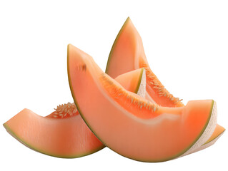 A trio of fresh, vibrant orange cantaloupe slices, revealing their textured flesh and a few small seeds.

