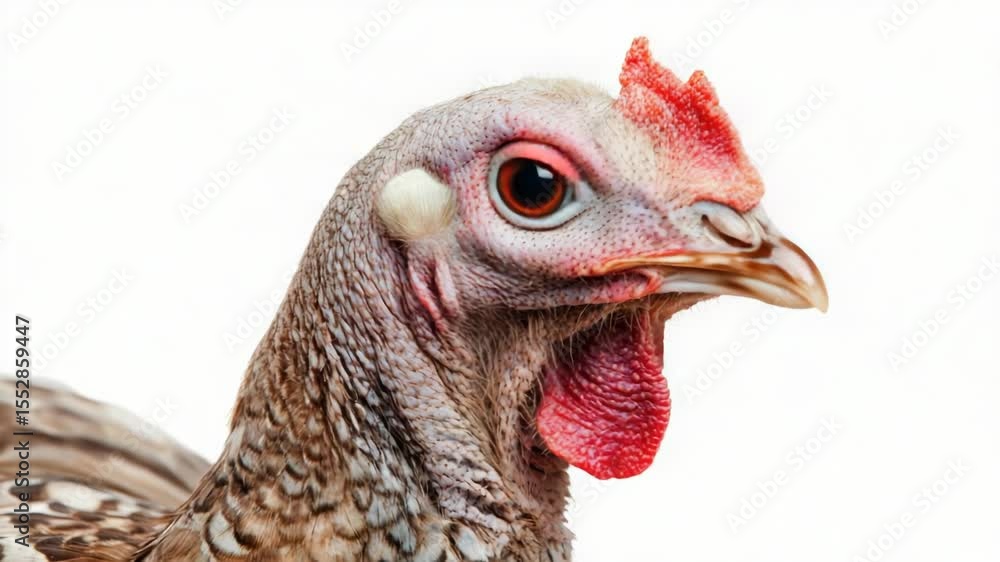 Poster a close-up shot of a chicken on a white background, suitable for use in agricultural or food-related