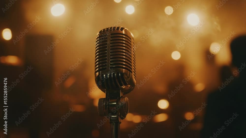 Poster A close-up view of a microphone on a stand, suitable for use in music or audio related contexts