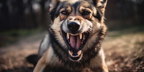 Aggressive dog shows dangerous teeth. Generative AI.