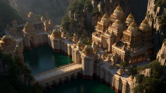 Majestic cityscape with shimmering jasper walls, nestled among lush greenery and tranquil waters, evokes a sense of wonder and serenity, reminiscent of mythical realms. Inspired by ancient epics.