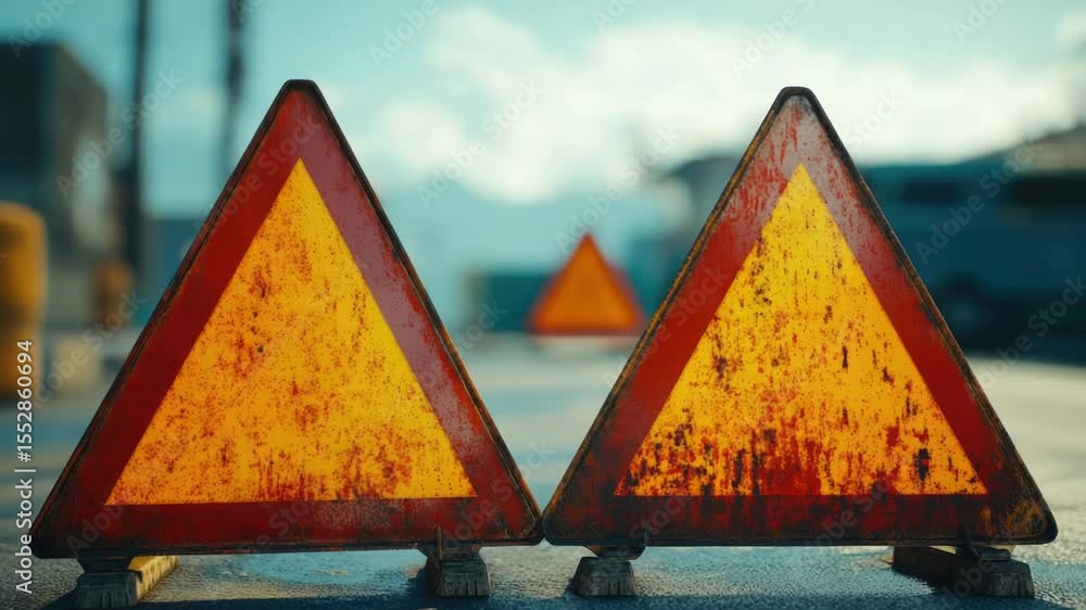 Poster a pair of triangular warning signs sit atop a road, alerting drivers to potential hazards
