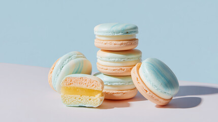 pastel-colored macarons with a soft marble pattern of light blue and peach, colorful macaroons 