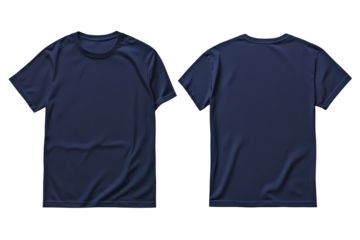 Blank navy blue t shirt template featuring front and back views suitable for design mockups and apparel printing needs