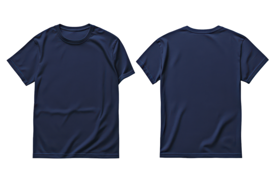 Blank navy blue t shirt template featuring front and back views suitable for design mockups and apparel printing needs