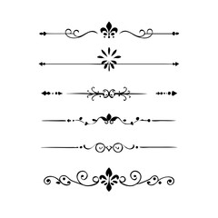 Vector dividers calligraphic line element.Set of Black Hand Drawn Rustic Doodle Design Elements. Decorative Floral Swirls, Scrolls, Text Frames, Dividers. Vintage Vector Illustration. 
