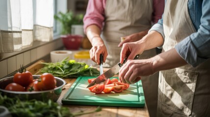 Two adults cooking together in a bright kitchen with fresh vegetables
