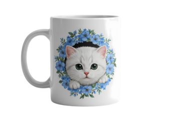 White Kitten in Bluebells Mug Design isolated on transparent background