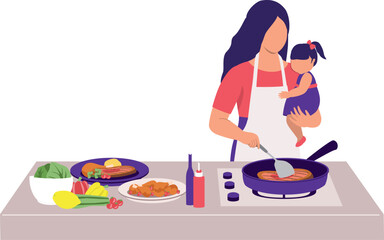 Young Mother With Apron Cooking Dinner While Taking Care Of Her Baby Girl.