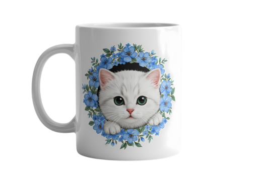 White Kitten in Bluebells Mug Design isolated on transparent background