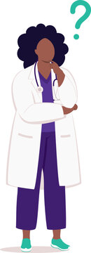 One Plus Size Black Female Doctor With Stethoscope And Lab Coat Standing And Thinking Question With Her Hand On Chin.