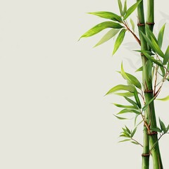 Obraz premium Two green bamboo stalks with vibrant leaves against a light grey background, leaving ample space to the left