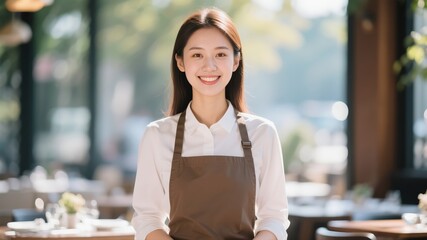 An elegant Asian waitress offers a warm smile.	